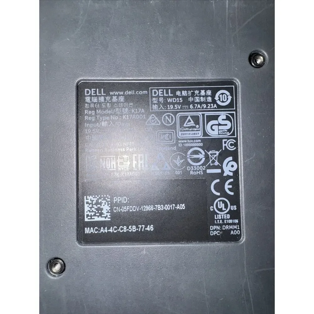 Dell Dock WD15 USB-C Wit Power Adapter Included